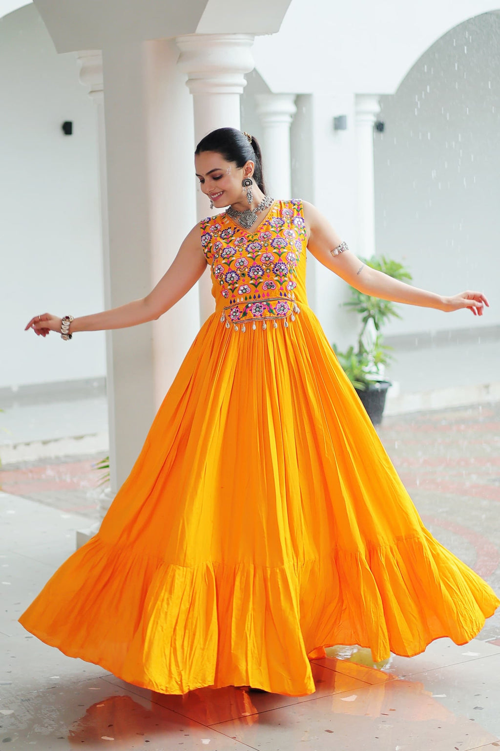 Prazu Fashion Yellow Reyon Kutchi Gamthi Thread Work Navaratri Gown | Grocsy