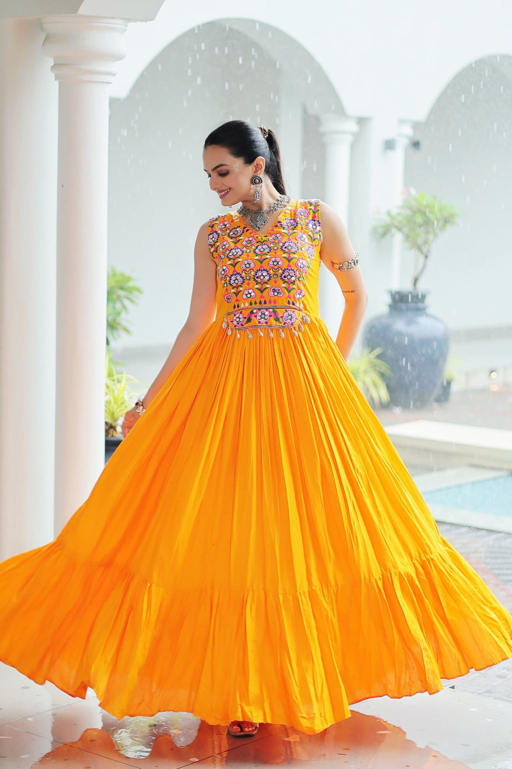 Prazu Fashion Yellow Reyon Kutchi Gamthi Thread Work Navaratri Gown | Grocsy
