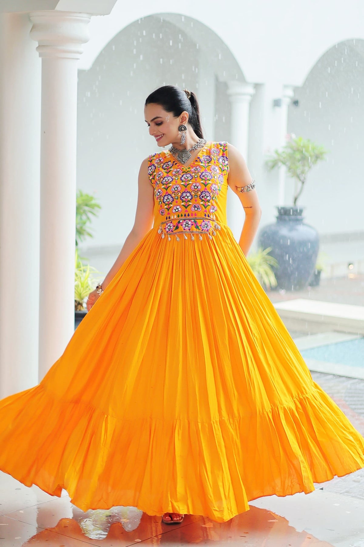 Prazu Fashion Yellow Reyon Kutchi Gamthi Thread Work Navaratri Gown | Grocsy