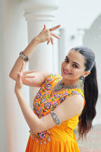 Prazu Fashion Yellow Reyon Kutchi Gamthi Thread Work Navaratri Gown | Grocsy
