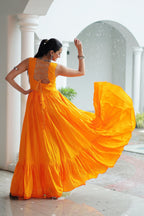 Prazu Fashion Yellow Reyon Kutchi Gamthi Thread Work Navaratri Gown | Grocsy