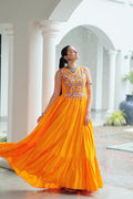 Prazu Fashion Yellow Reyon Kutchi Gamthi Thread Work Navaratri Gown | Grocsy
