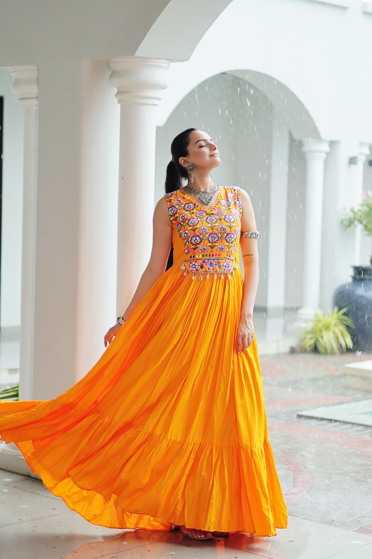 Prazu Fashion Yellow Reyon Kutchi Gamthi Thread Work Navaratri Gown | Grocsy