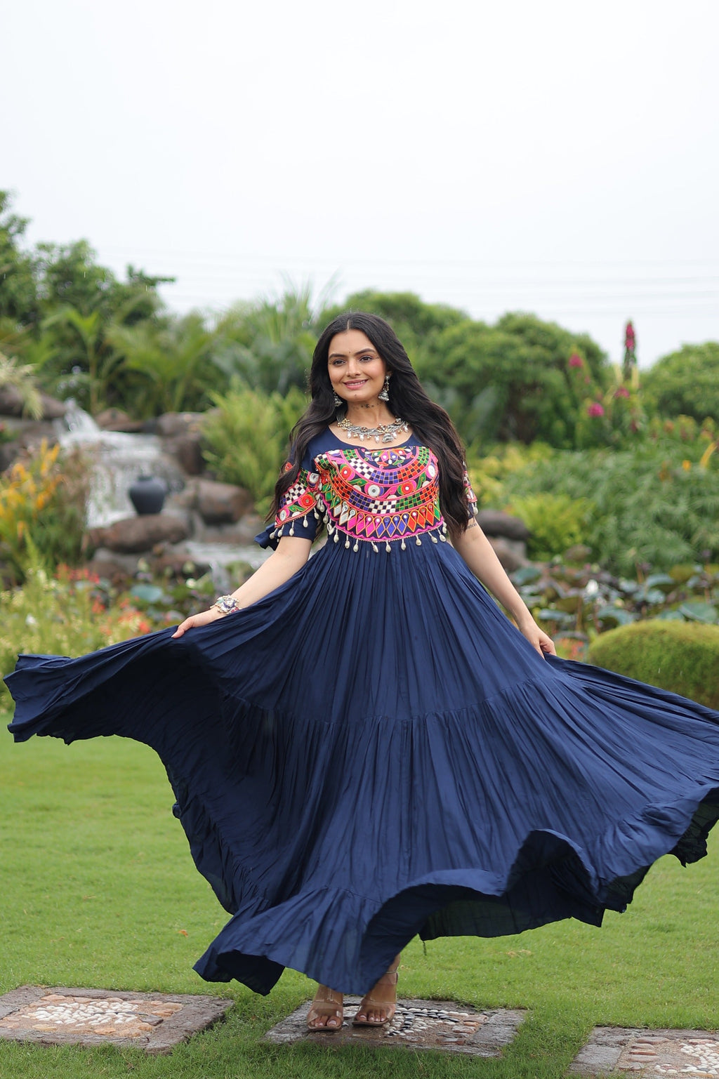 Prazu Fashion Navy Blue Reyon Kutchi Gamthi Work Navaratri Gown | Grocsy