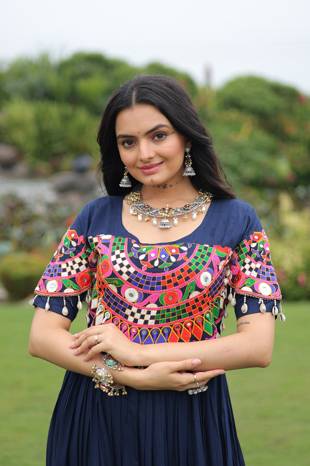 Prazu Fashion Navy Blue Reyon Kutchi Gamthi Work Navaratri Gown | Grocsy