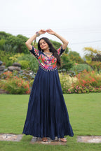 Prazu Fashion Navy Blue Reyon Kutchi Gamthi Work Navaratri Gown | Grocsy