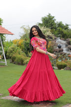 Prazu Fashion Rani Pink Reyon Kutchi Gamthi Work Navaratri Gown | Grocsy