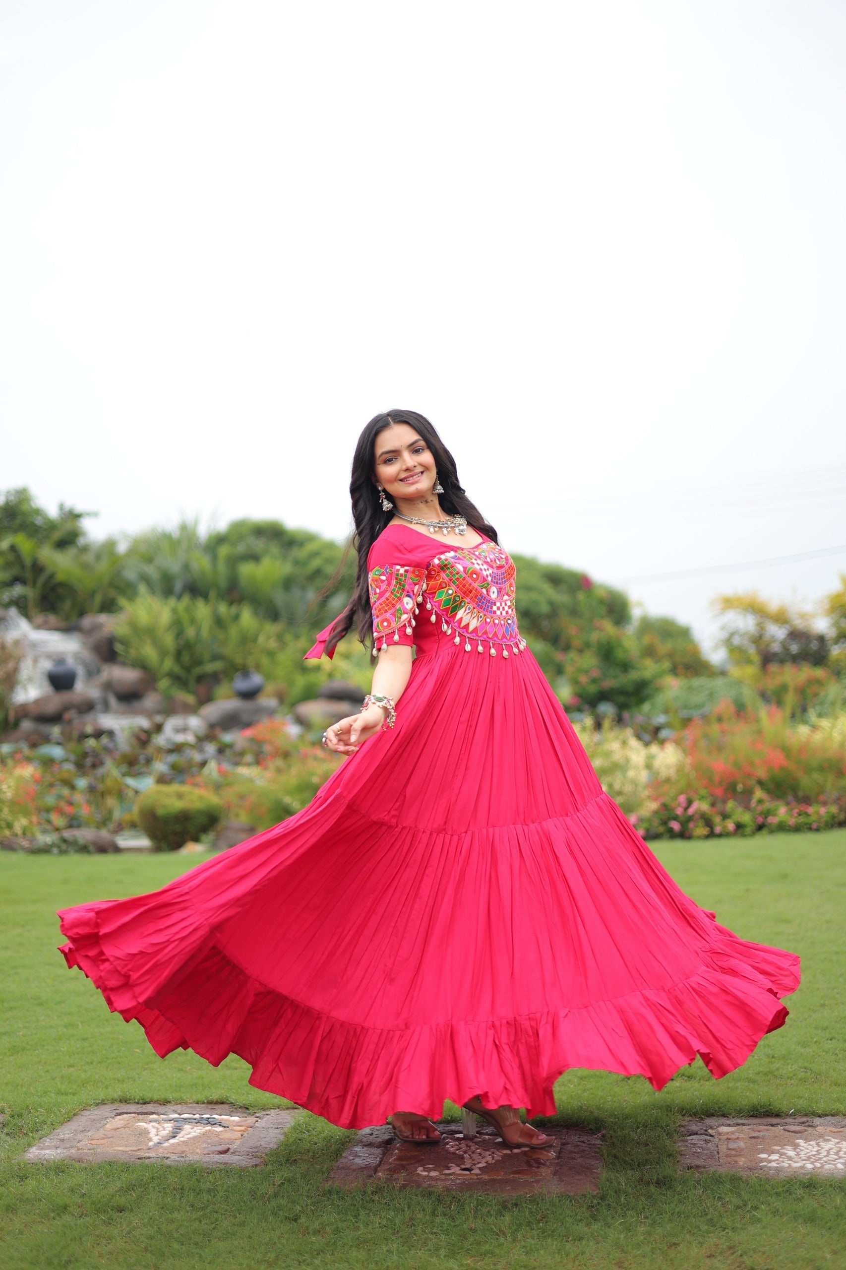 Prazu Fashion Rani Pink Reyon Kutchi Gamthi Work Navaratri Gown | Grocsy