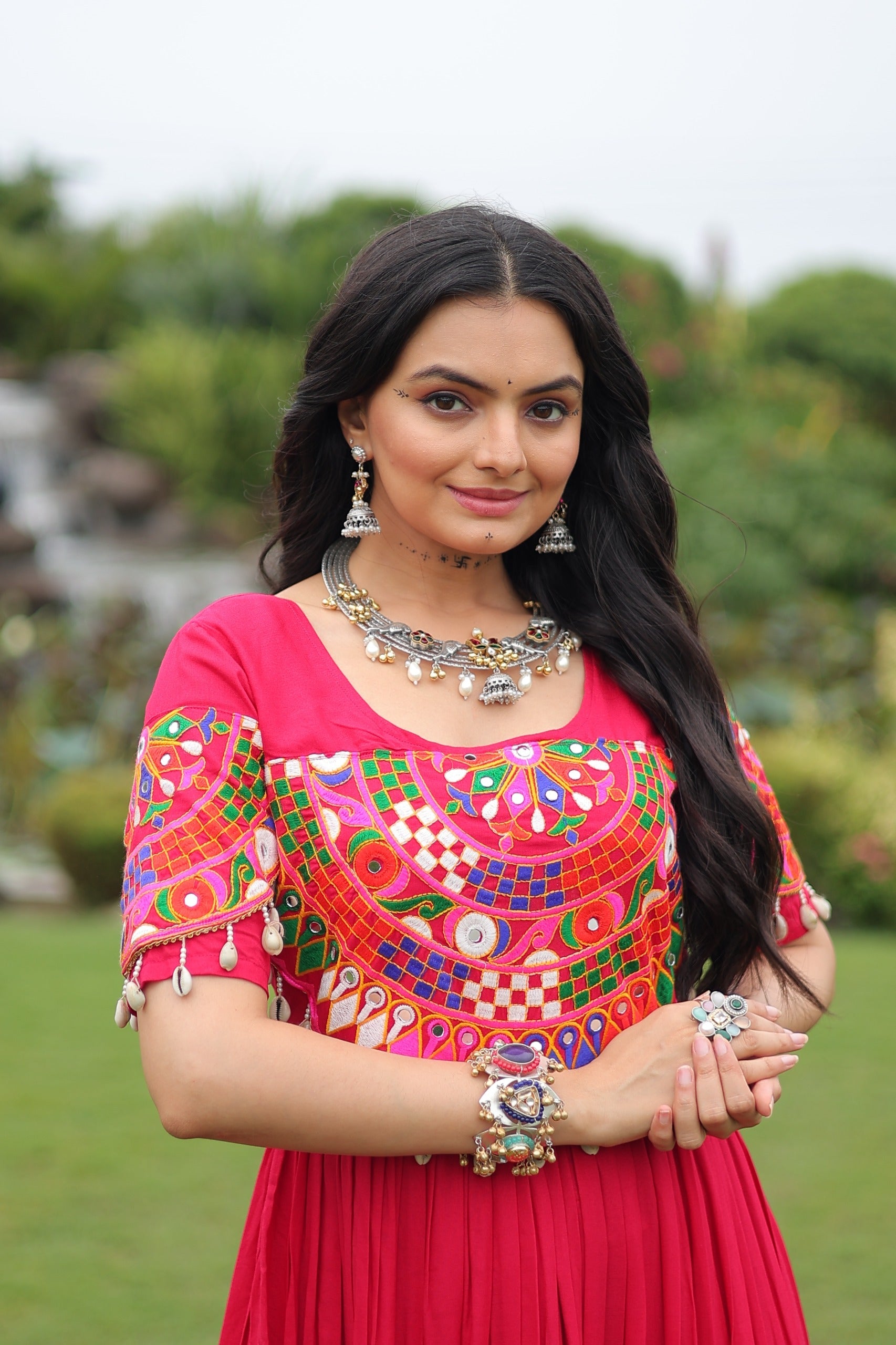 Prazu Fashion Rani Pink Reyon Kutchi Gamthi Work Navaratri Gown | Grocsy