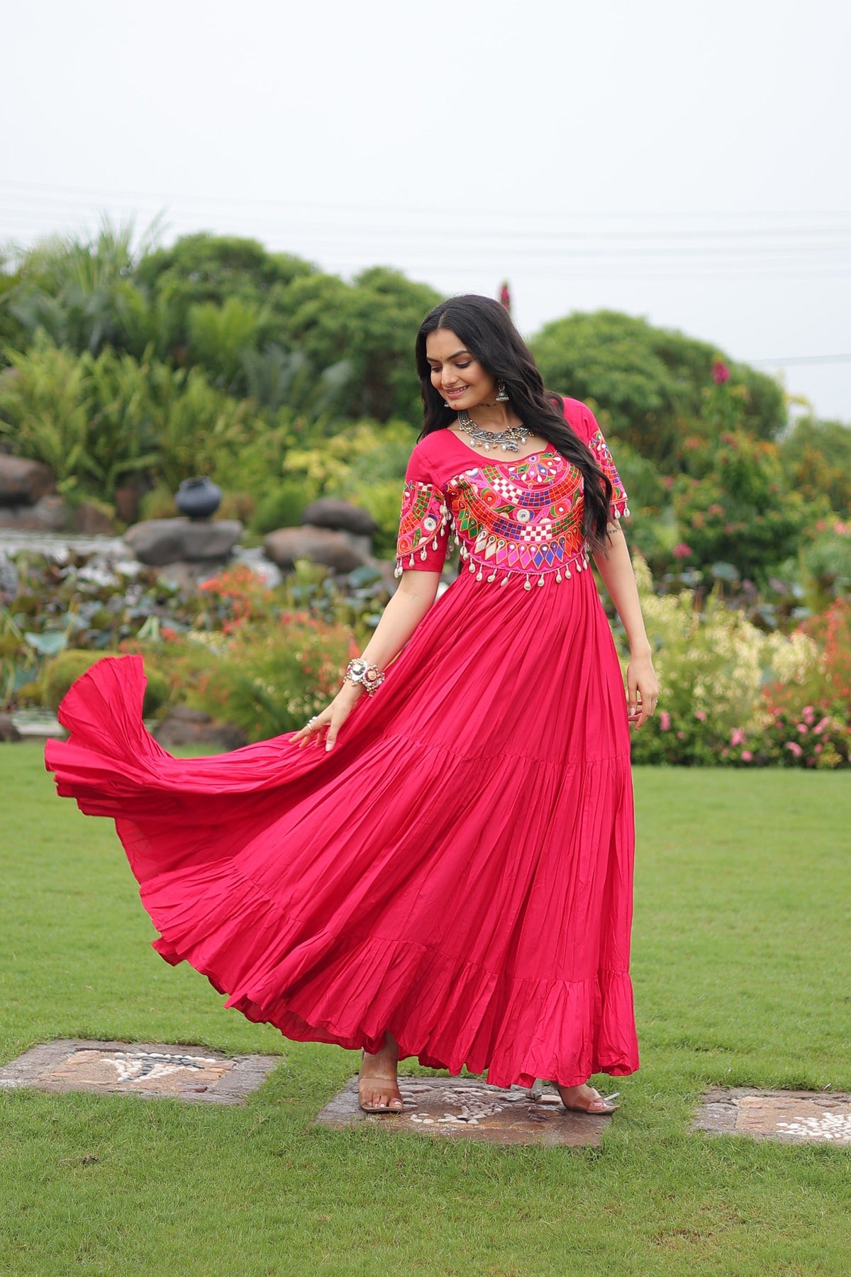 Prazu Fashion Rani Pink Reyon Kutchi Gamthi Work Navaratri Gown | Grocsy