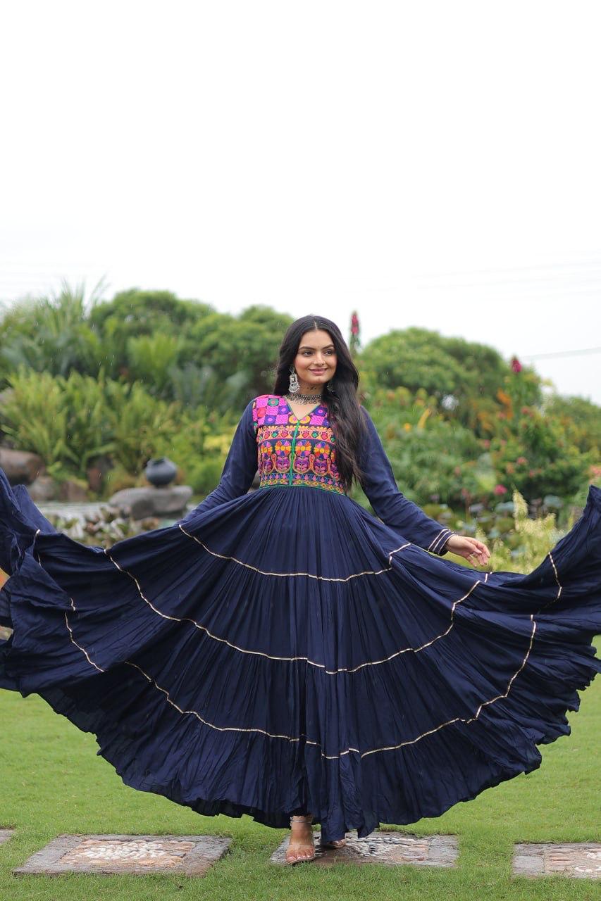 Prazu Fashion Blue Rayon Kutchi Gamthi Embroidered & Mirror Hand Work Navratri Gown | Grocsy