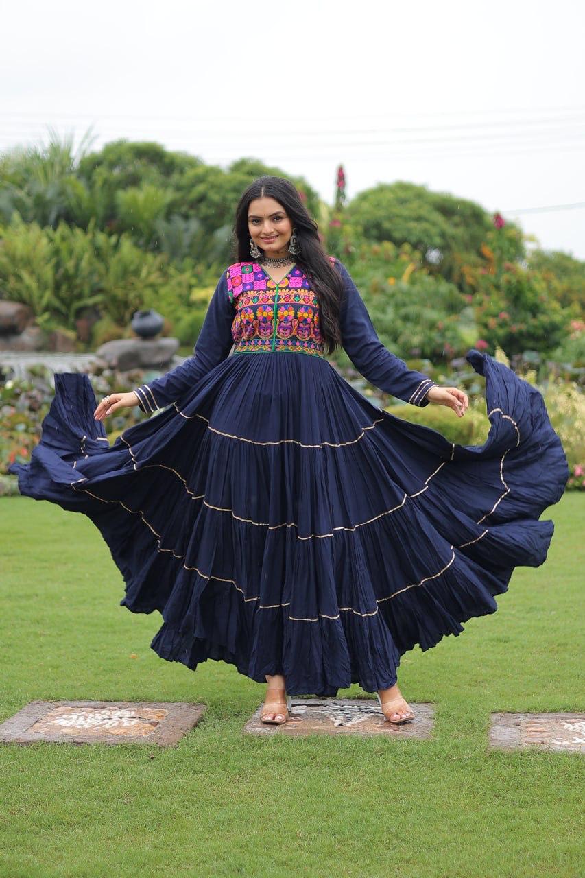 Prazu Fashion Blue Rayon Kutchi Gamthi Embroidered & Mirror Hand Work Navratri Gown | Grocsy