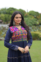 Prazu Fashion Blue Rayon Kutchi Gamthi Embroidered & Mirror Hand Work Navratri Gown | Grocsy