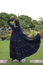 Prazu Fashion Blue Rayon Kutchi Gamthi Embroidered & Mirror Hand Work Navratri Gown | Grocsy