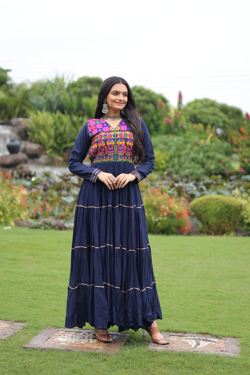 Prazu Fashion Blue Rayon Kutchi Gamthi Embroidered & Mirror Hand Work Navratri Gown | Grocsy