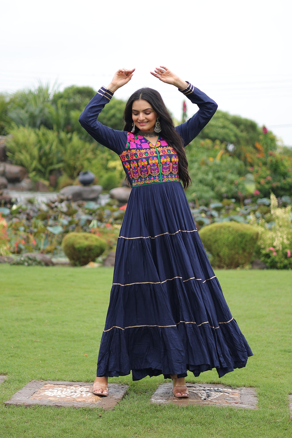 Lorenvalley Fashion Navyblue Rayon Kutchi Gamthi Embroidered & Mirror hand Work Gown | Grocsy