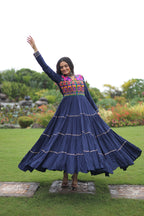 Lorenvalley Fashion Navyblue Rayon Kutchi Gamthi Embroidered & Mirror hand Work Gown | Grocsy