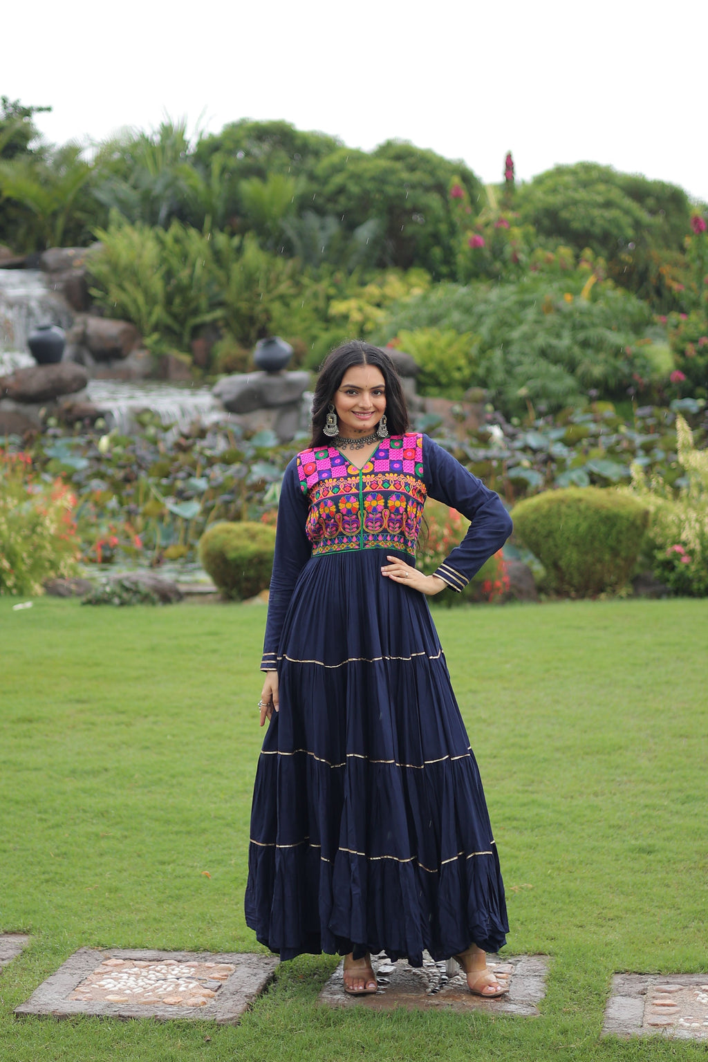 Lorenvalley Fashion Navyblue Rayon Kutchi Gamthi Embroidered & Mirror hand Work Gown | Grocsy
