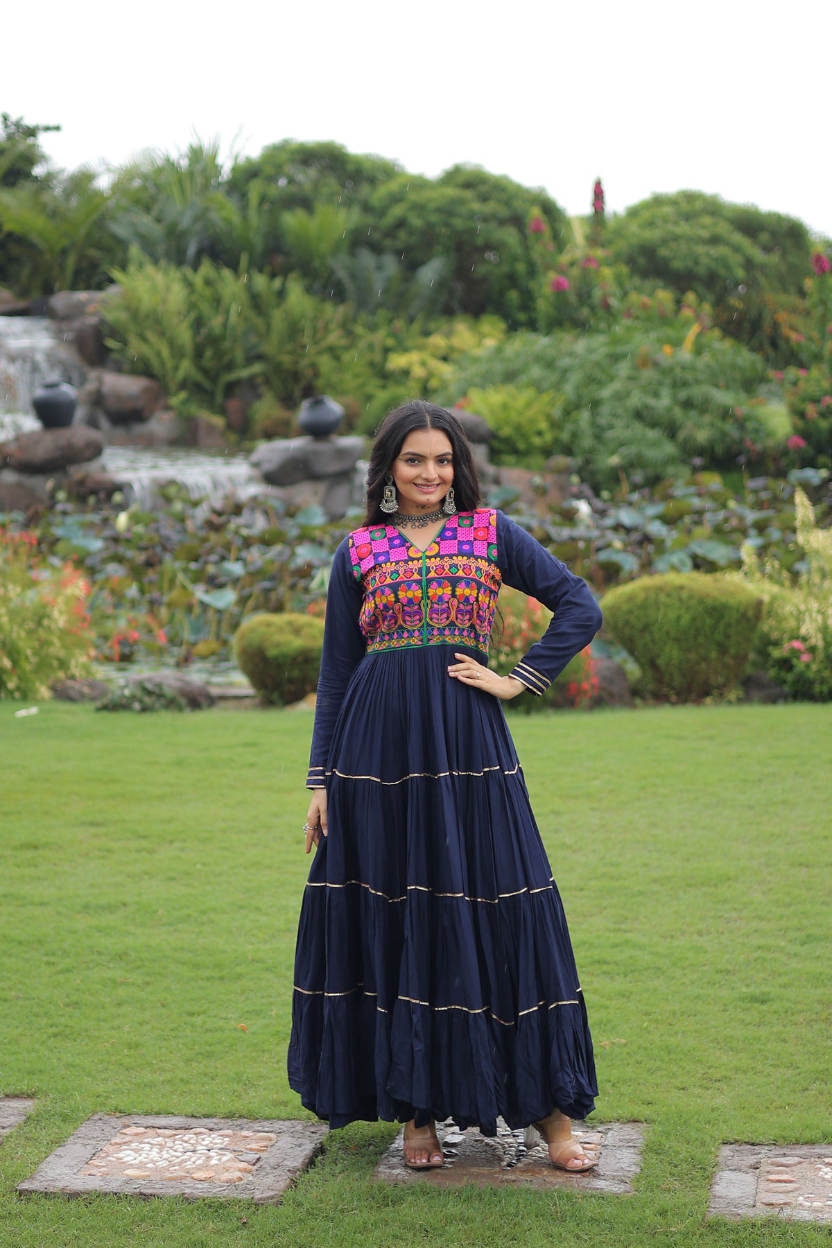 Lorenvalley Fashion Navyblue Rayon Kutchi Gamthi Embroidered & Mirror hand Work Gown | Grocsy