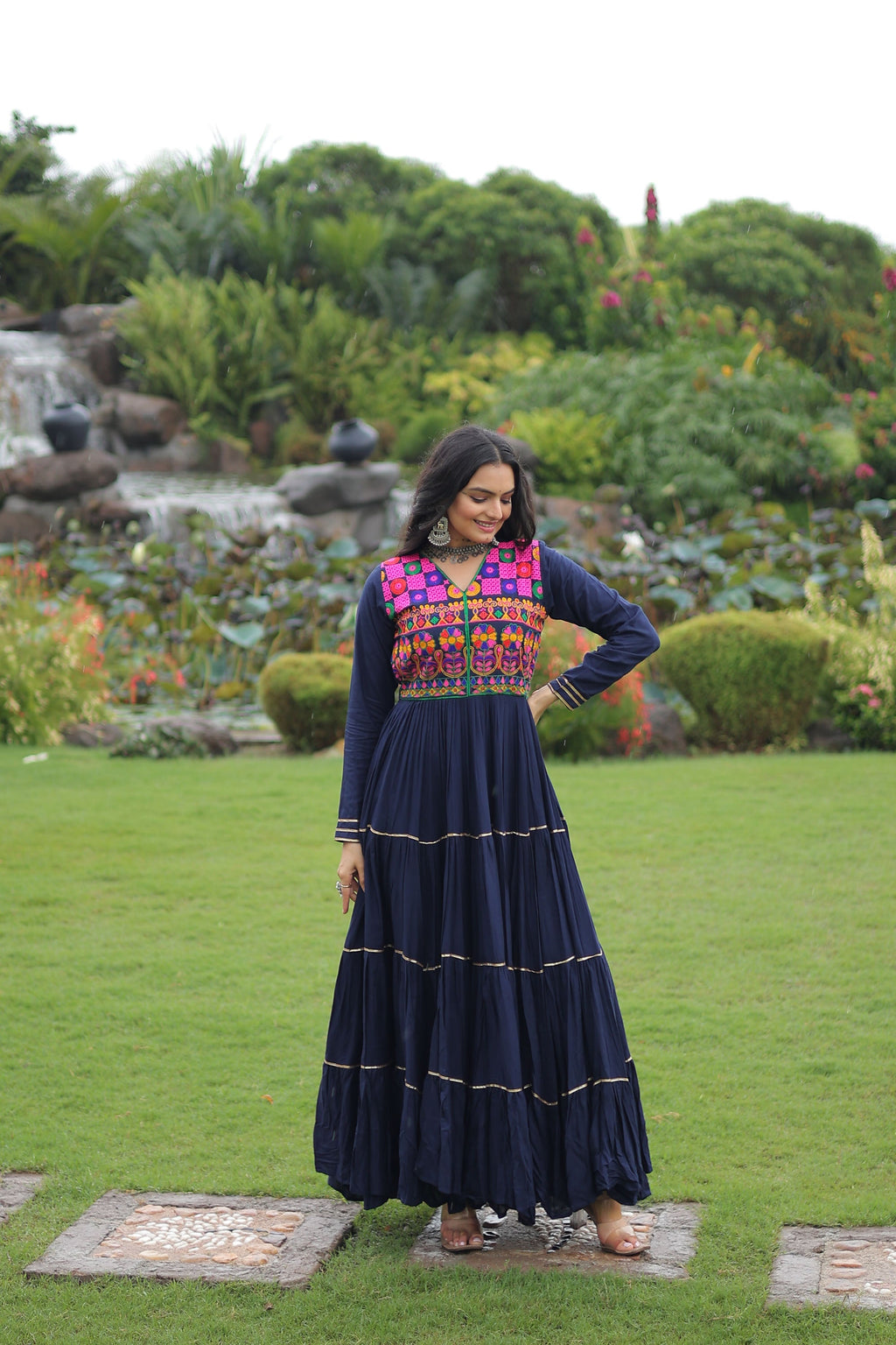 Lorenvalley Fashion Navyblue Rayon Kutchi Gamthi Embroidered & Mirror hand Work Gown | Grocsy