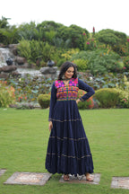 Lorenvalley Fashion Navyblue Rayon Kutchi Gamthi Embroidered & Mirror hand Work Gown | Grocsy