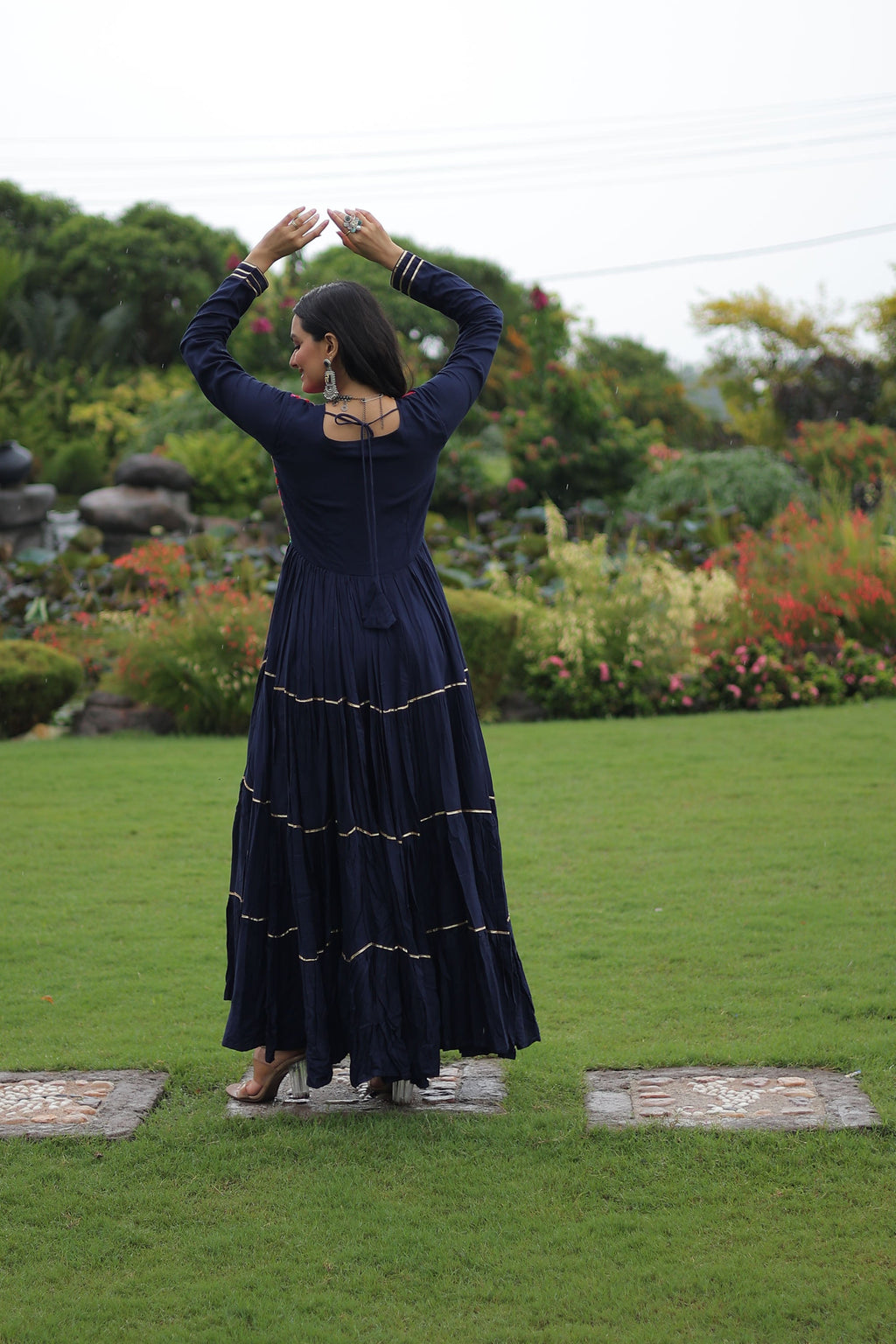 Lorenvalley Fashion Navyblue Rayon Kutchi Gamthi Embroidered & Mirror hand Work Gown | Grocsy