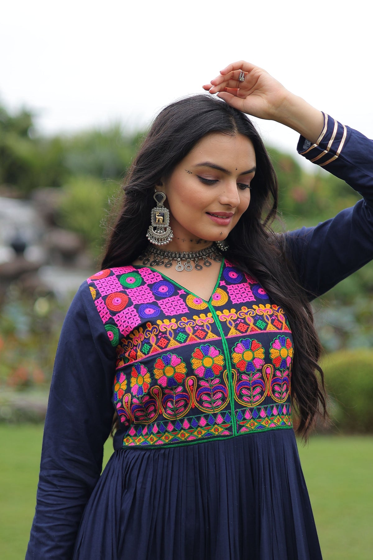 Lorenvalley Fashion Navyblue Rayon Kutchi Gamthi Embroidered & Mirror hand Work Gown | Grocsy