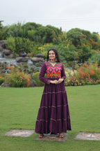 Lorenvalley Fashion Wine Rayon Kutchi Gamthi Embroidered & Mirror hand Work Gown | Grocsy