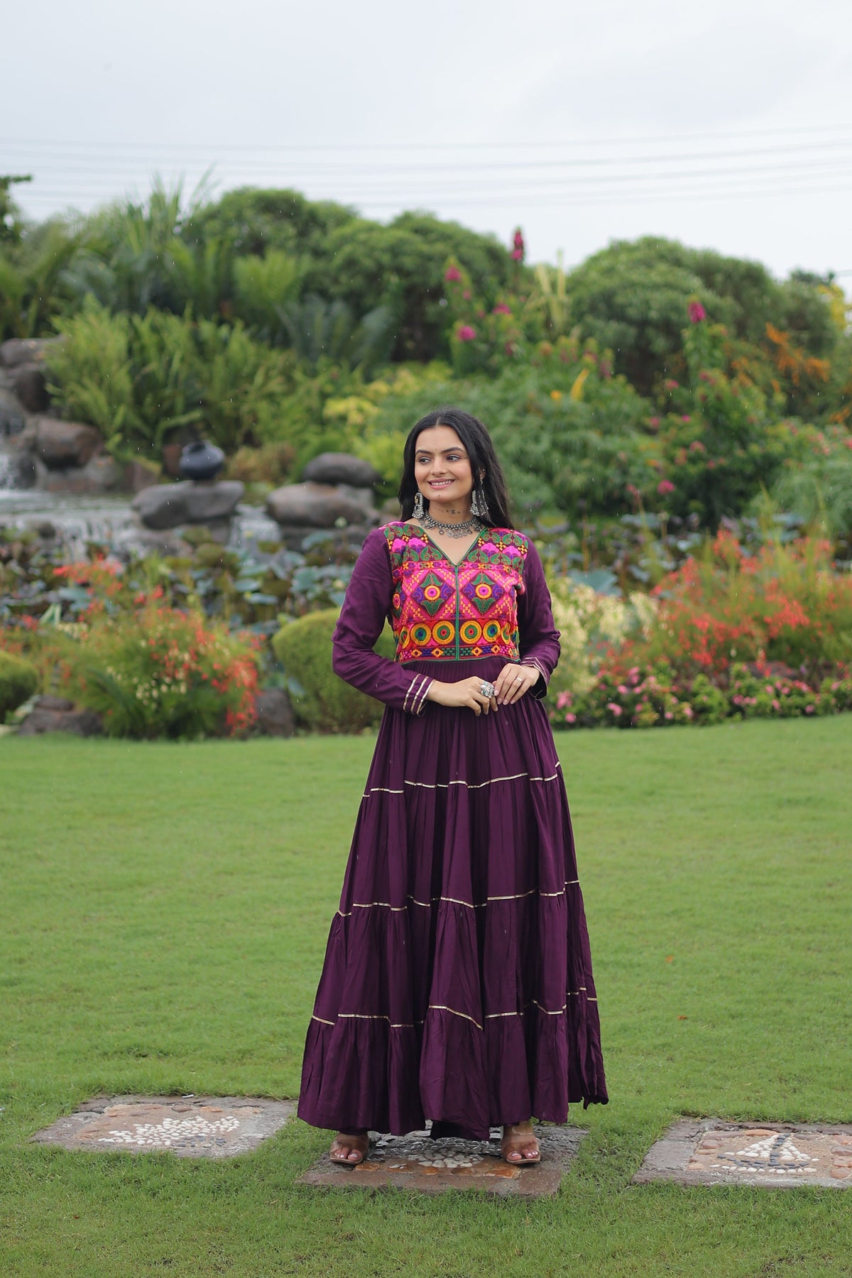 Lorenvalley Fashion Wine Rayon Kutchi Gamthi Embroidered & Mirror hand Work Gown | Grocsy