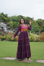 Lorenvalley Fashion Wine Rayon Kutchi Gamthi Embroidered & Mirror hand Work Gown | Grocsy