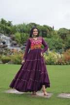 Lorenvalley Fashion Wine Rayon Kutchi Gamthi Embroidered & Mirror hand Work Gown | Grocsy