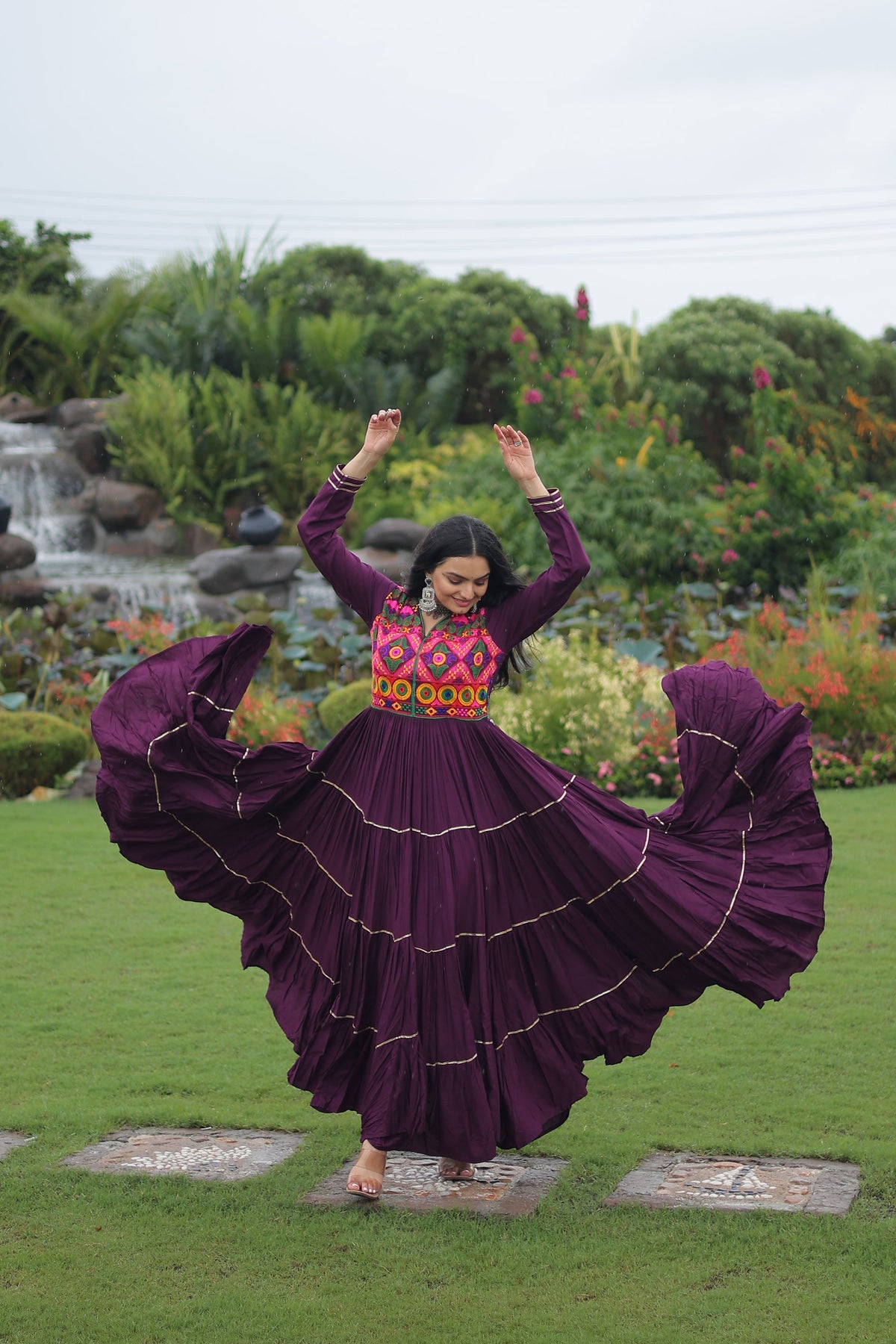 Lorenvalley Fashion Wine Rayon Kutchi Gamthi Embroidered & Mirror hand Work Gown | Grocsy