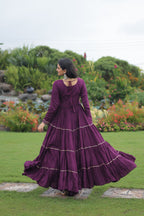 Lorenvalley Fashion Wine Rayon Kutchi Gamthi Embroidered & Mirror hand Work Gown | Grocsy