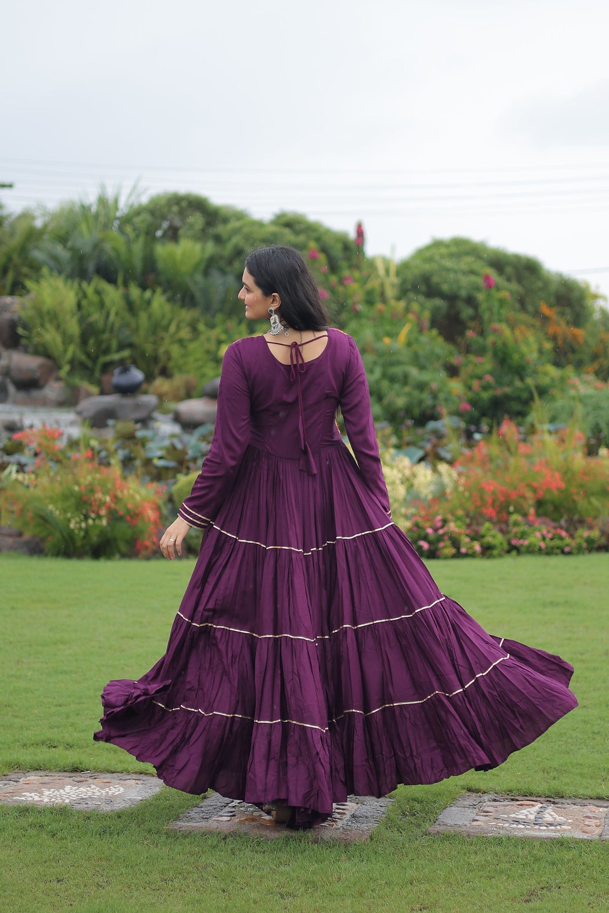 Lorenvalley Fashion Wine Rayon Kutchi Gamthi Embroidered & Mirror hand Work Gown | Grocsy