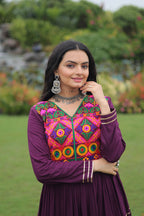 Lorenvalley Fashion Wine Rayon Kutchi Gamthi Embroidered & Mirror hand Work Gown | Grocsy