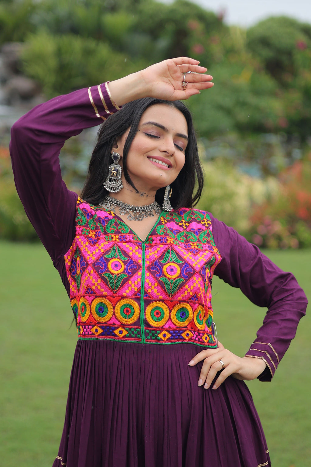 Lorenvalley Fashion Wine Rayon Kutchi Gamthi Embroidered & Mirror hand Work Gown | Grocsy