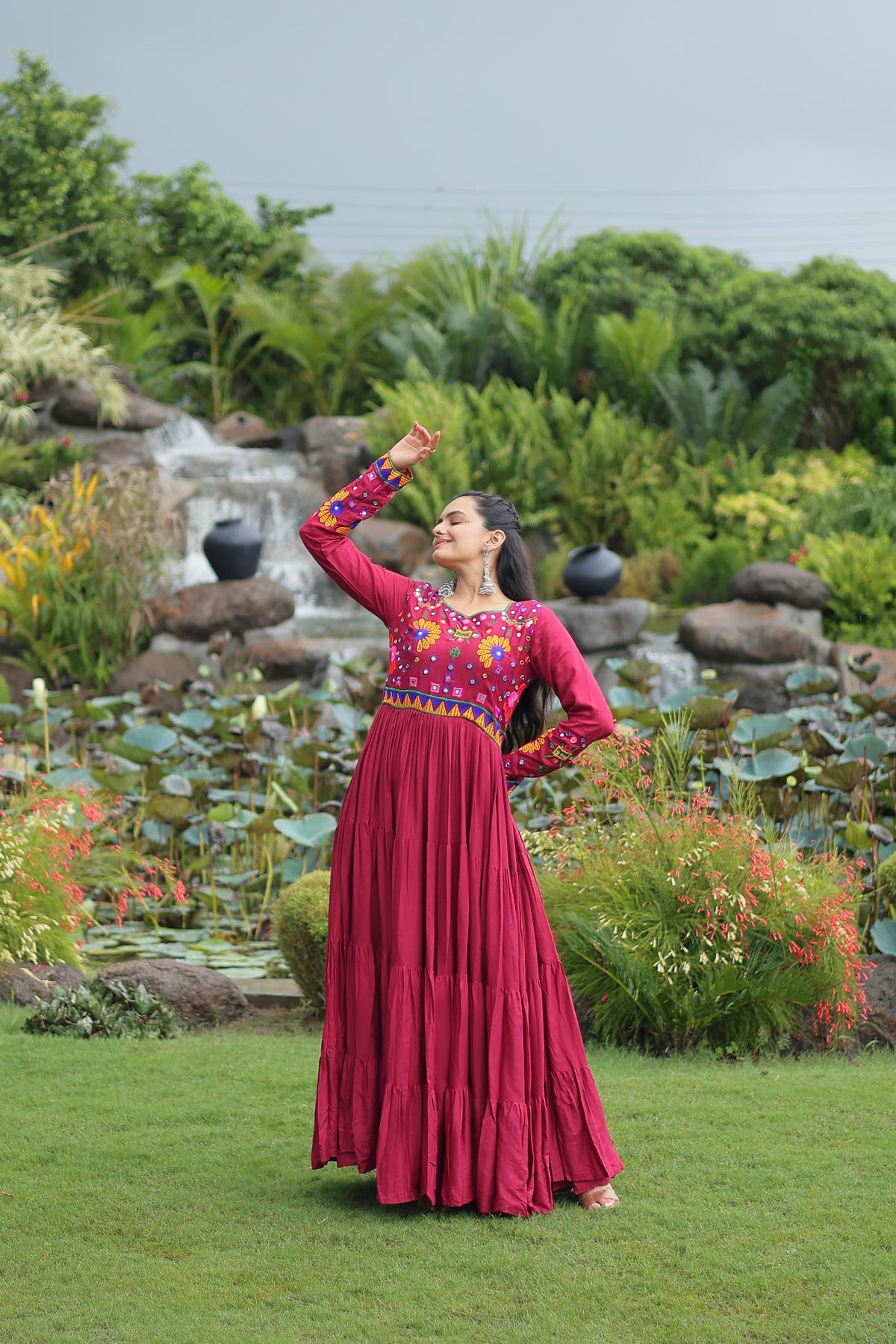 Lorenvalley Fashion Maroon Rayon Kutchi Gamthi Work Gown | Grocsy