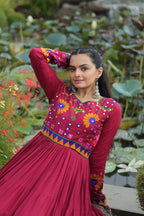 Lorenvalley Fashion Maroon Rayon Kutchi Gamthi Work Gown | Grocsy