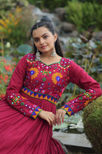 Lorenvalley Fashion Maroon Rayon Kutchi Gamthi Work Gown | Grocsy
