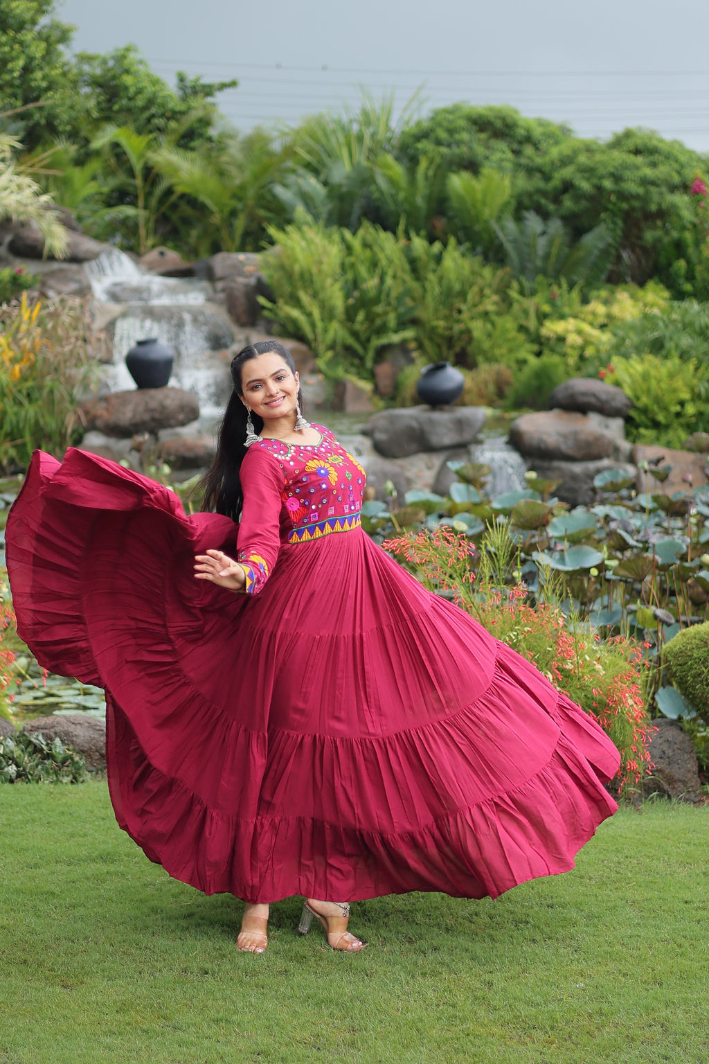 Lorenvalley Fashion Maroon Rayon Kutchi Gamthi Work Gown | Grocsy
