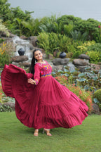 Lorenvalley Fashion Maroon Rayon Kutchi Gamthi Work Gown | Grocsy