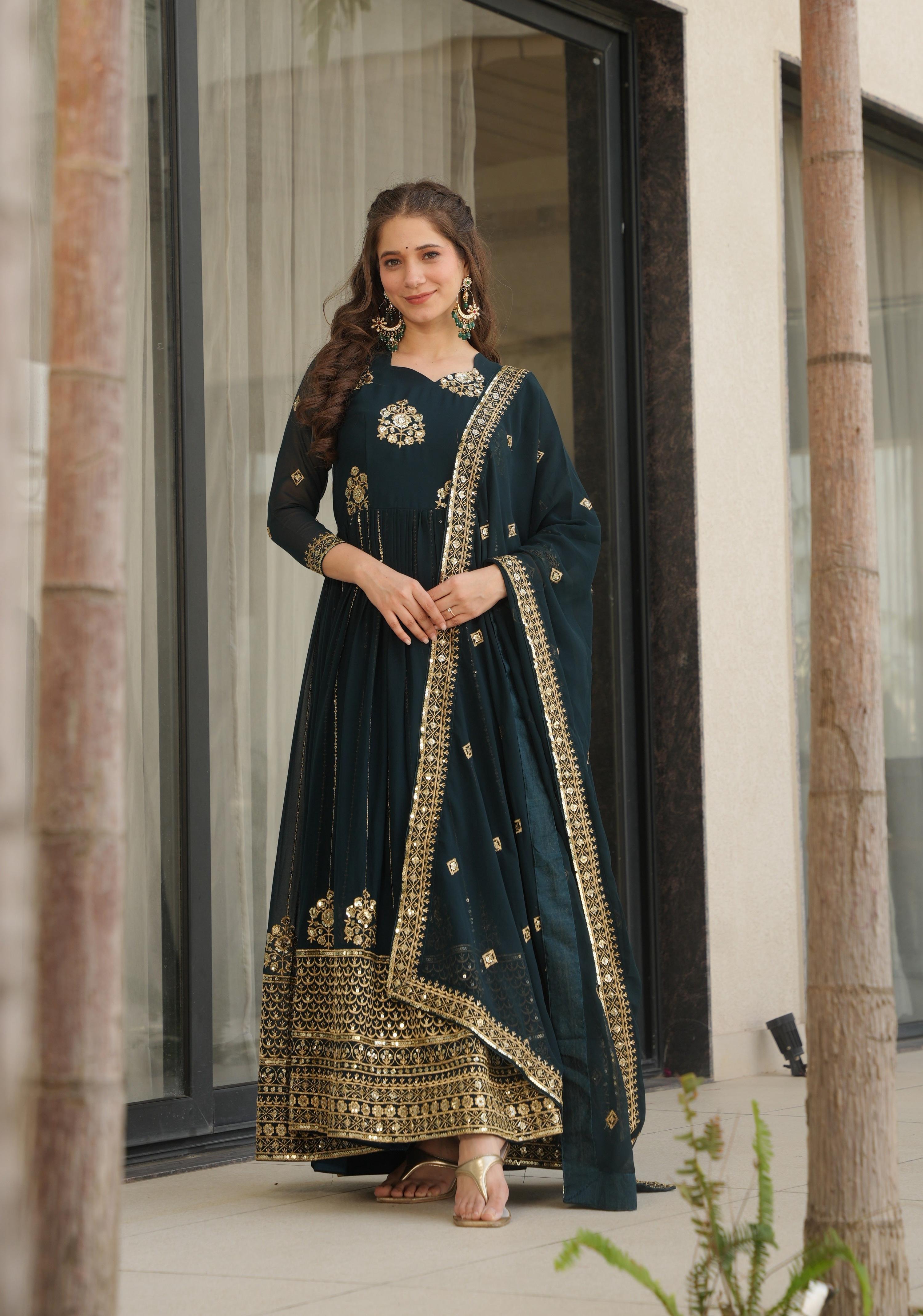 Vedant Vastram Georgette Embroidery & Sequence Work Stitched Ethnic Gown-Rama | Grocsy