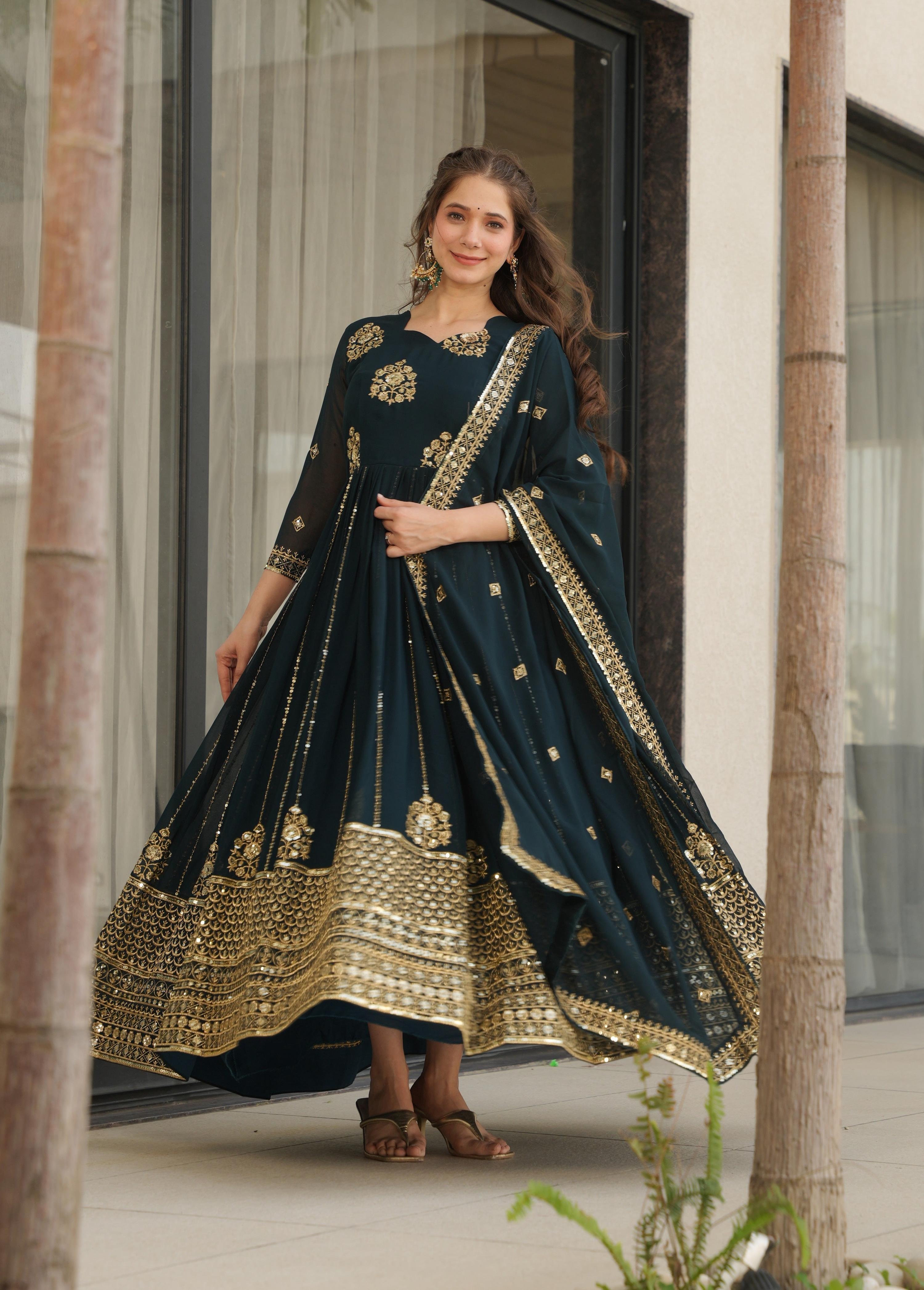 Vedant Vastram Georgette Embroidery & Sequence Work Stitched Ethnic Gown-Rama | Grocsy
