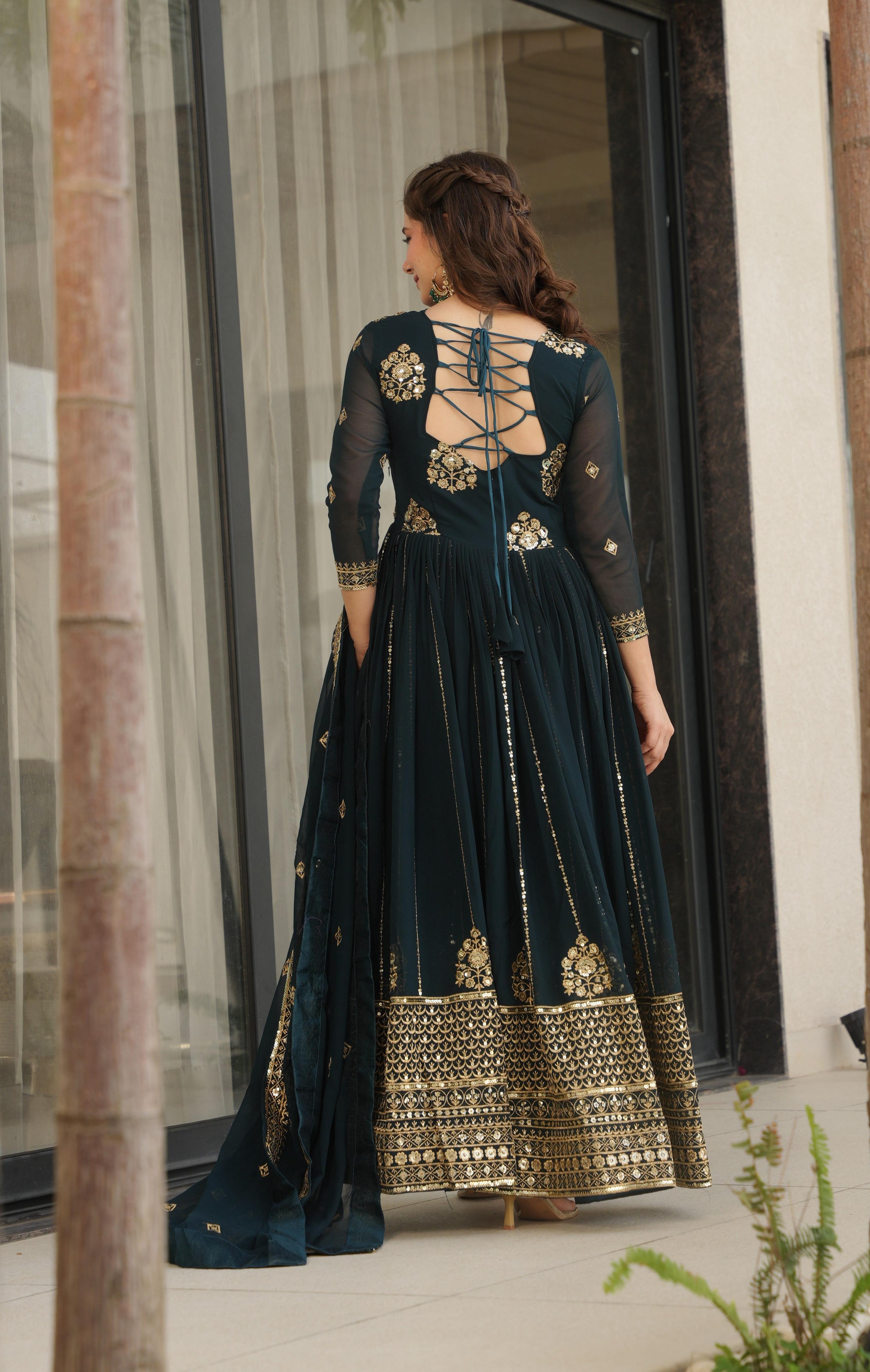 Vedant Vastram Georgette Embroidery & Sequence Work Stitched Ethnic Gown-Rama | Grocsy