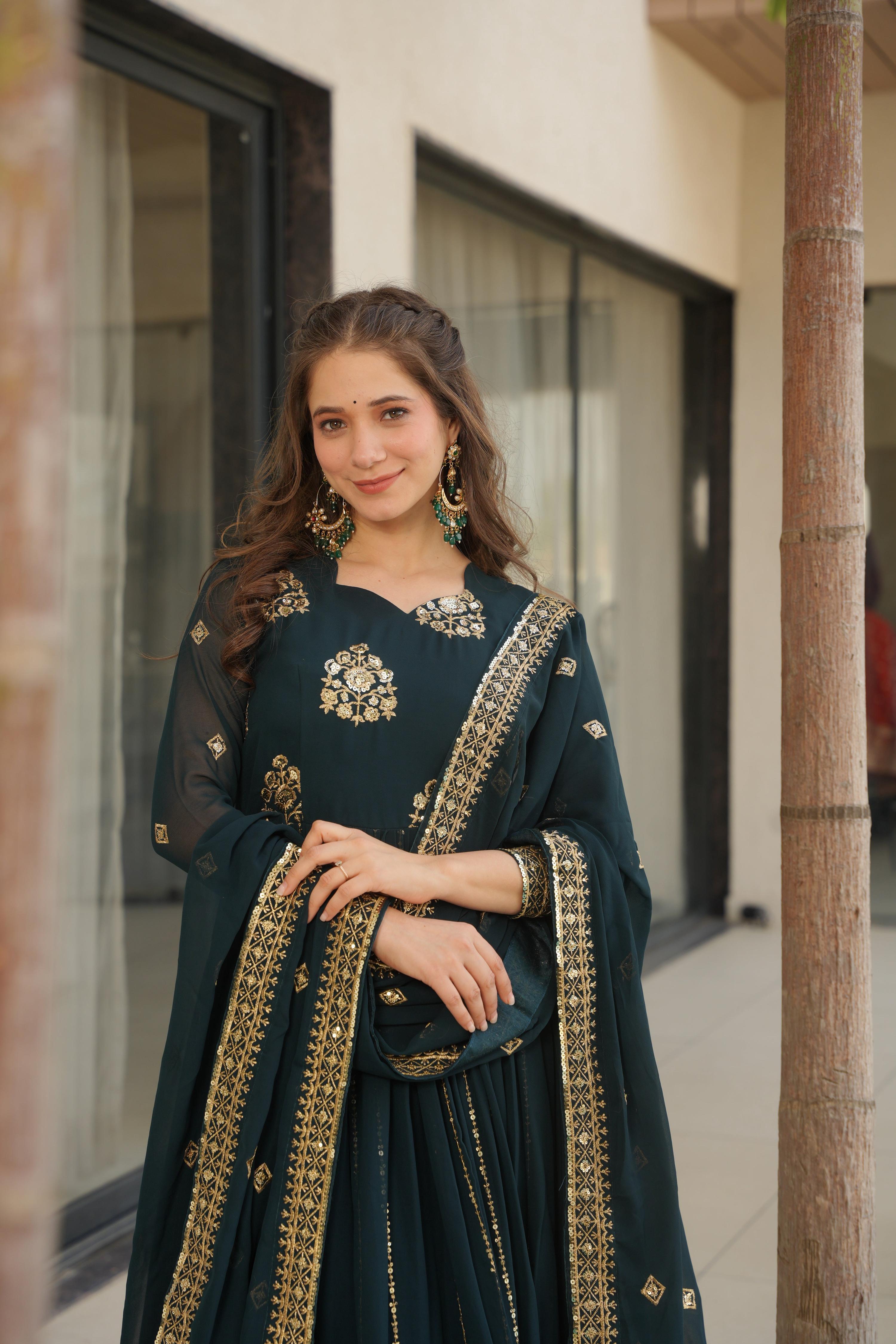 Vedant Vastram Georgette Embroidery & Sequence Work Stitched Ethnic Gown-Rama | Grocsy