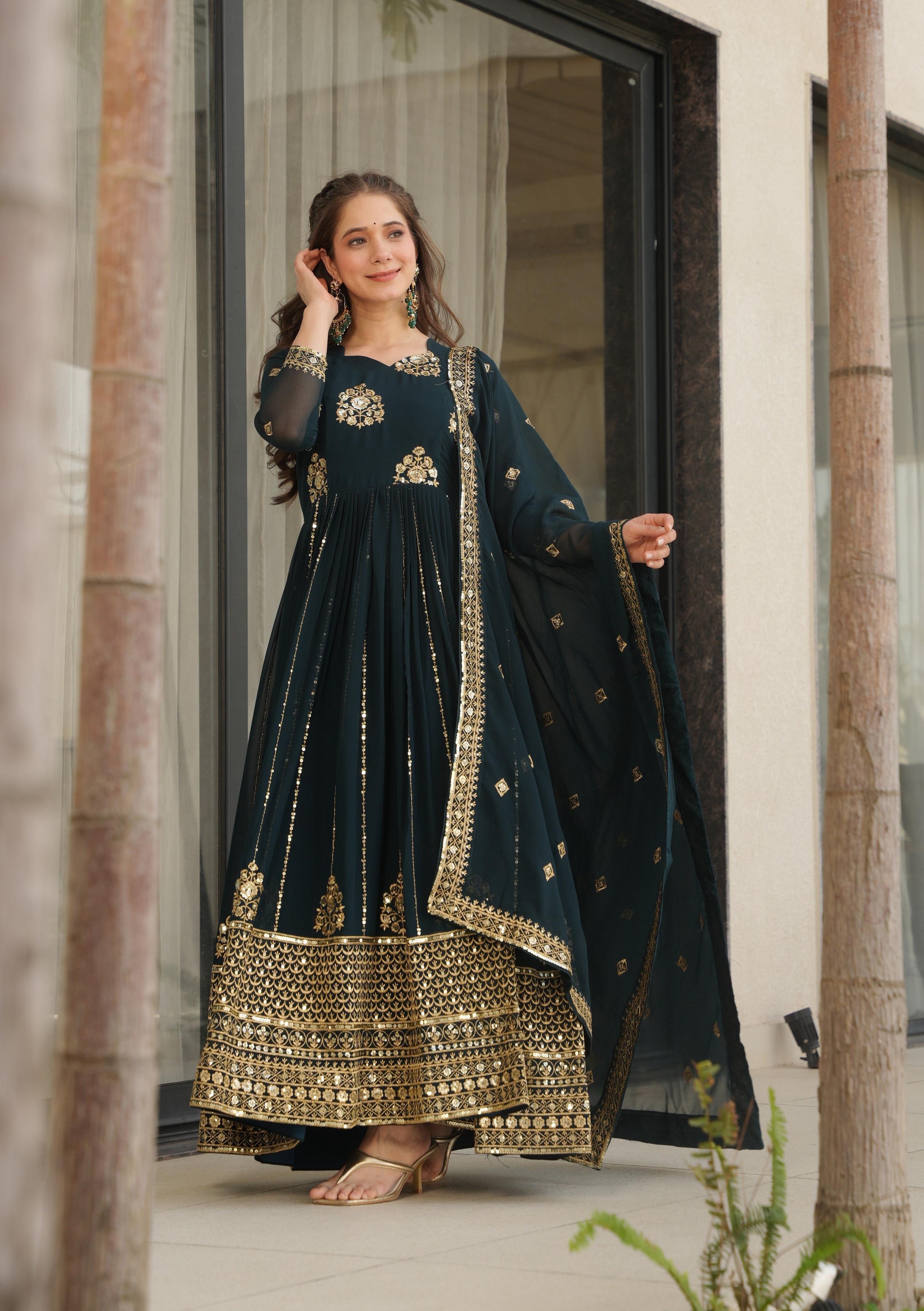 Vedant Vastram Georgette Embroidery & Sequence Work Stitched Ethnic Gown-Rama | Grocsy