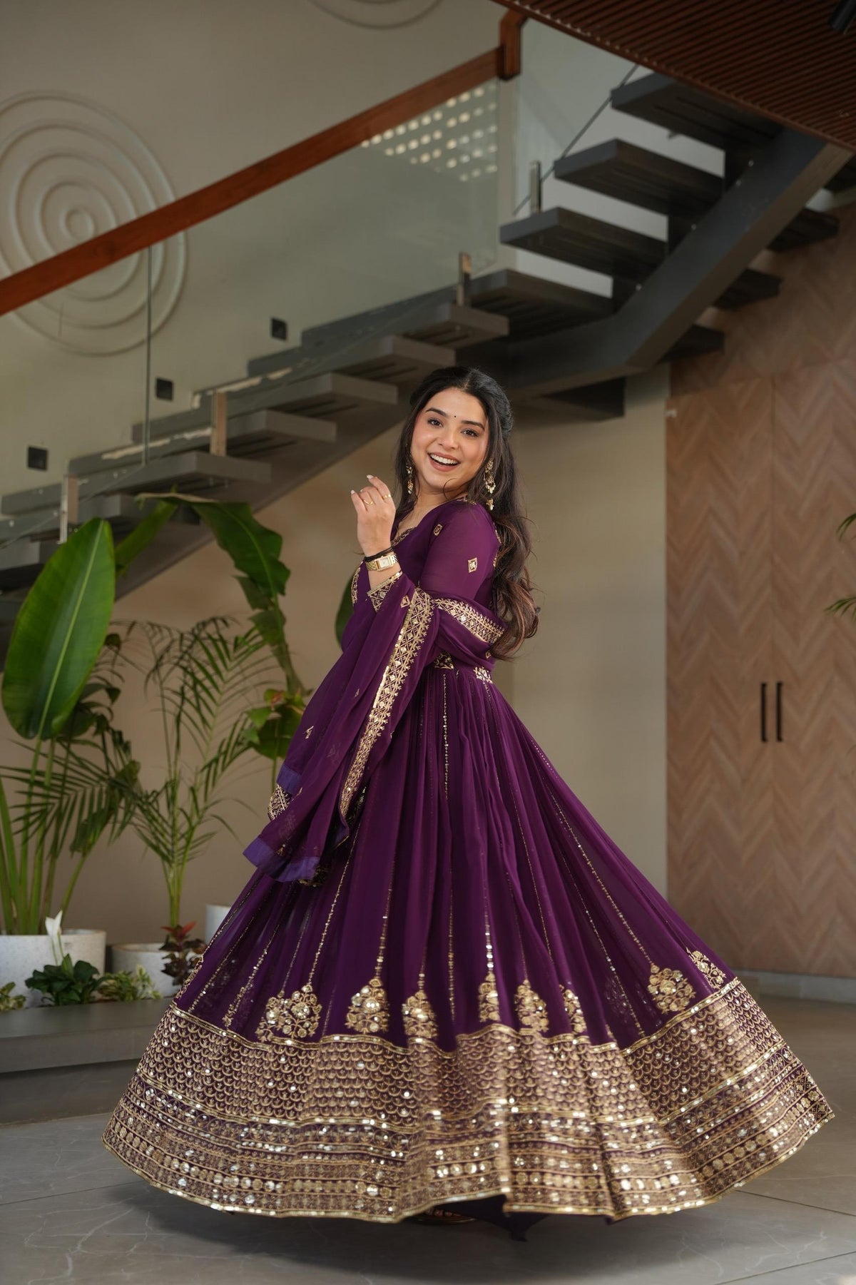 Prazu Fashion Purple Georgette Rich Zari & Sequins Embroidered Gown | Grocsy