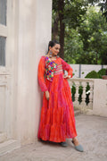 Lorenvalley Fashion Multicolor Faux Georgette Laheriya & Bandhej Print with kutchi patche work Gown | Grocsy