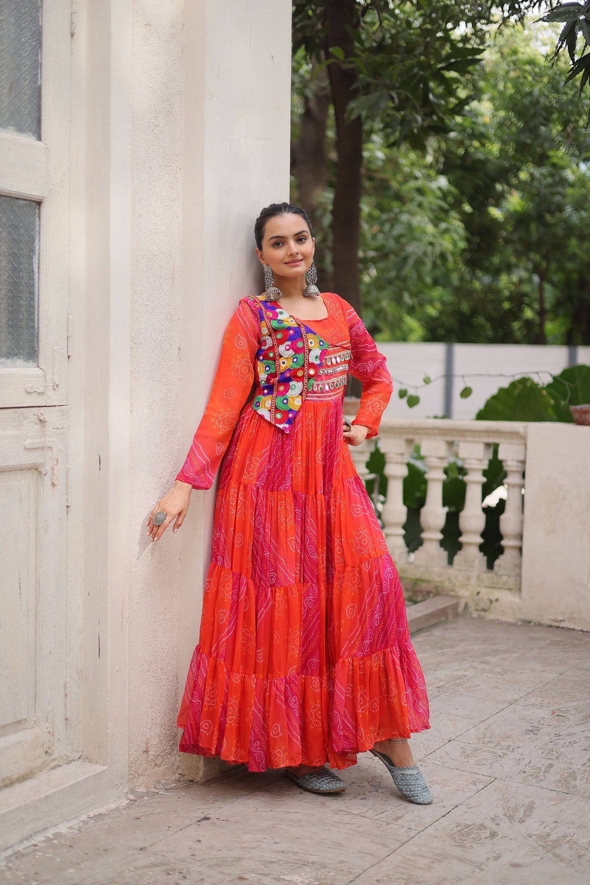 Lorenvalley Fashion Multicolor Faux Georgette Laheriya & Bandhej Print with kutchi patche work Gown | Grocsy