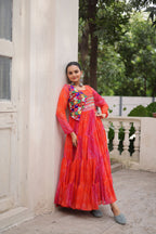 Lorenvalley Fashion Multicolor Faux Georgette Laheriya & Bandhej Print with kutchi patche work Gown | Grocsy